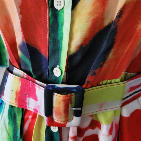 Boutique Colorful Printed 3/4 Sleeve Party Shirt Dress Stand Collar Belt Long - Picture 8 of 12